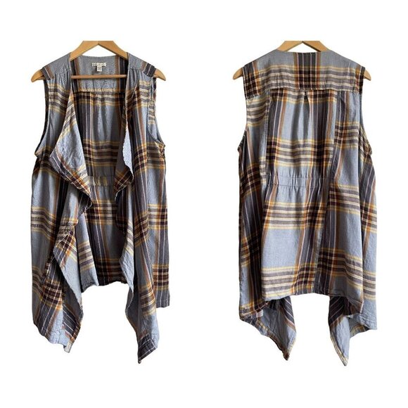 CATO Size 18/20 Blue Plaid Yellow Brown Open Vest Long Line 100% Cotton Pockets - Picture 1 of 9
